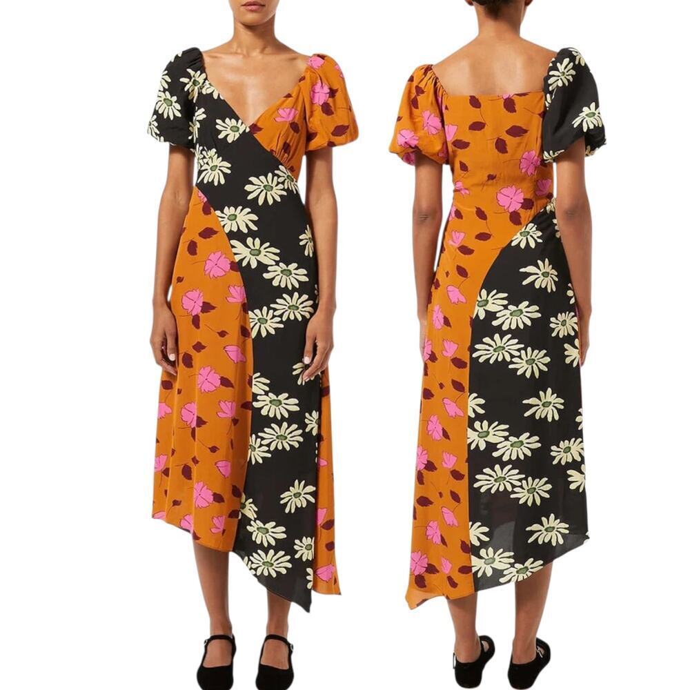 Rhode NWT Women's Teresa Multi-Print Dress Midi Wild Poppy Ink Daisy Orange SZ 0